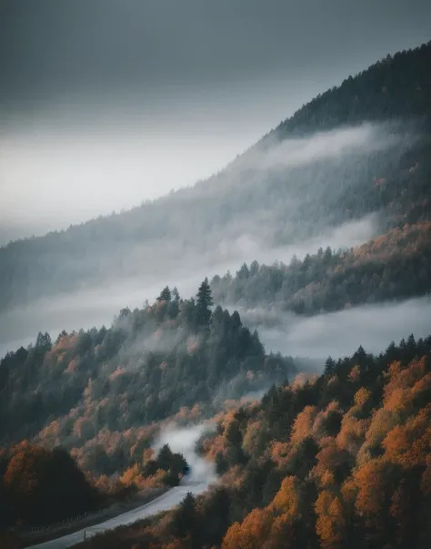 a view of a road winding through a forest covered in fog