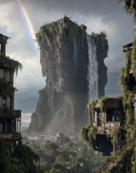 overgrown postapocalyptic ruins, birds in the sky, a rainbow, waterfall : : close shot : : 3 5 mm, realism, octane render, 8 k, ...