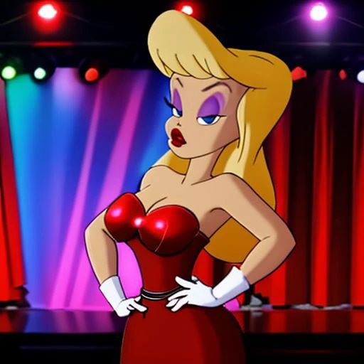 a cartoon of a woman in a red dress standing on a stage