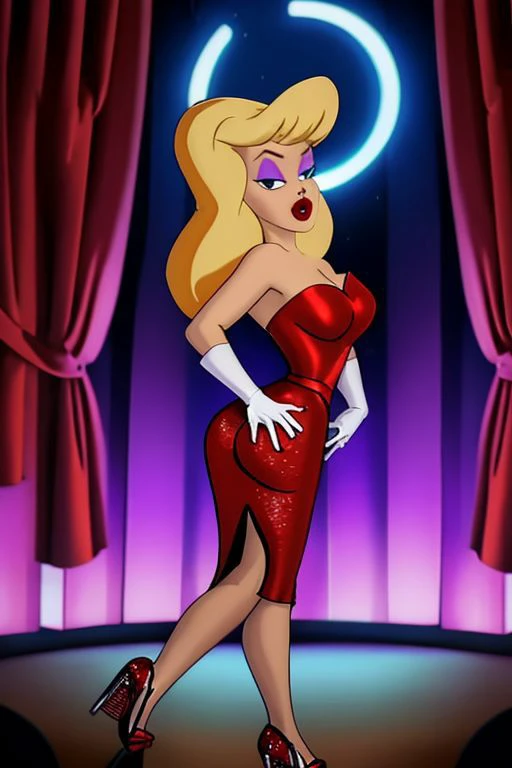 a cartoon woman in a red dress standing on a stage