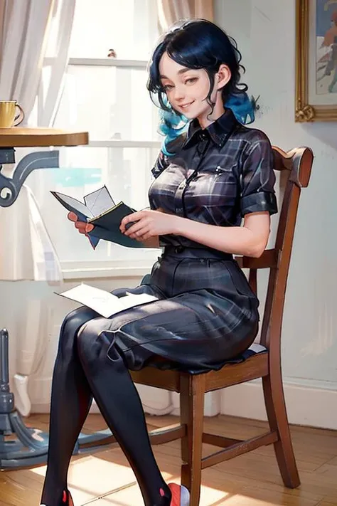 (masterpiece, best quality), 1girl, Scarlet Curly Top with Tapered Sides and, Size D breasts, Black Flannel shirt and Culottes, toe socks, Sitting on a chair, legs crossed, reading a letter with a mix of surprise and happiness.,  <lora:SebarytStyleMix-v1.0...