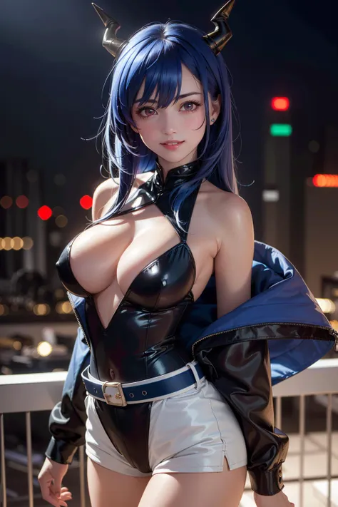 <lora:ArknightsChen5concept_10:0.6>
((1girl, dark blue hair, long hair, horns, red eyes, ((large breasts)), thighs, smile, teeth, love and affection, shiny skin, shiny body, naughty face, )),
(((  dark blue leotard, black jacket, white shorts, red belt, ba...