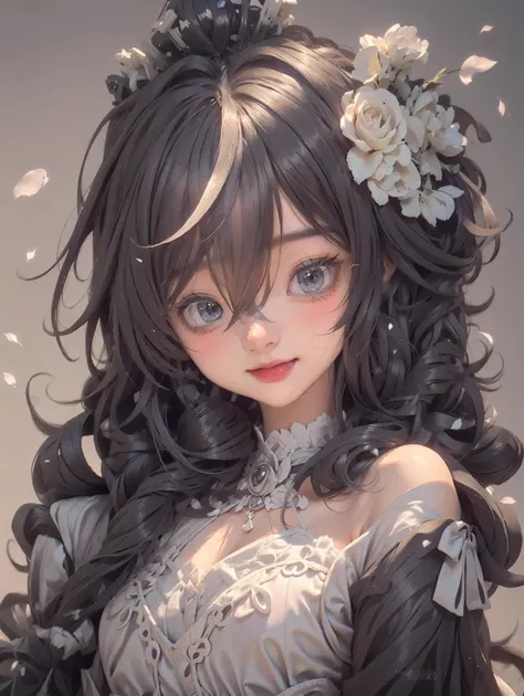 anime girl with long black hair and flowers in her hair