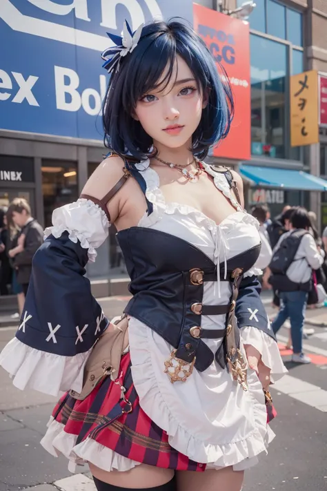 a close up of a woman in a costume on a city street