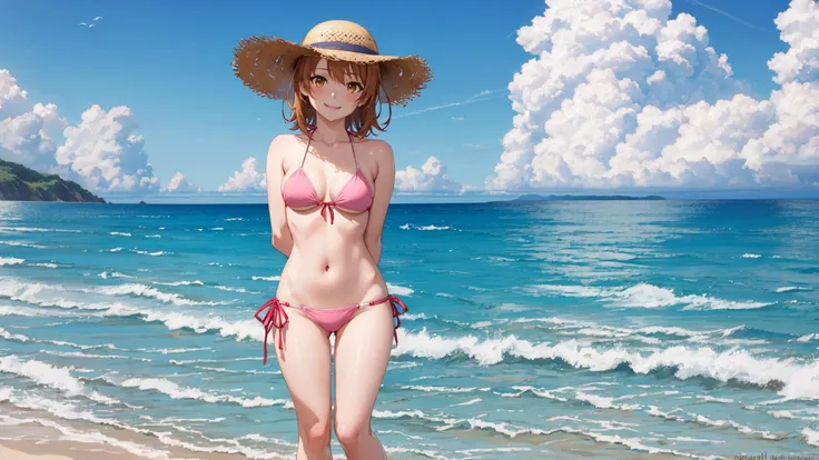 ((masterpiece)), (best quality), blue sky, ocean, bikini, straw hat, smile, 1girl, arms behind back, bound, breasts, brown eyes, brown hair, collarbone, isshiki iroha, looking at viewer, medium breasts, navel,  short hair, solo, standing, pink bikini,  sta...