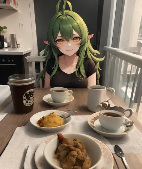 anime girl sitting at a table with a bowl of food and a cup of coffee