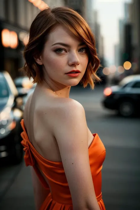 a close up of a woman in an orange dress on a city street