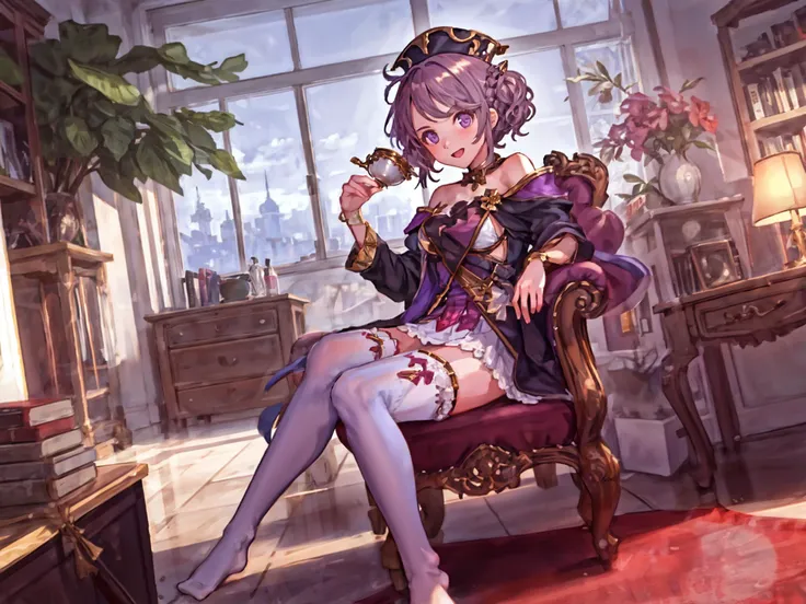 anime girl sitting in a chair with a knife in her hand