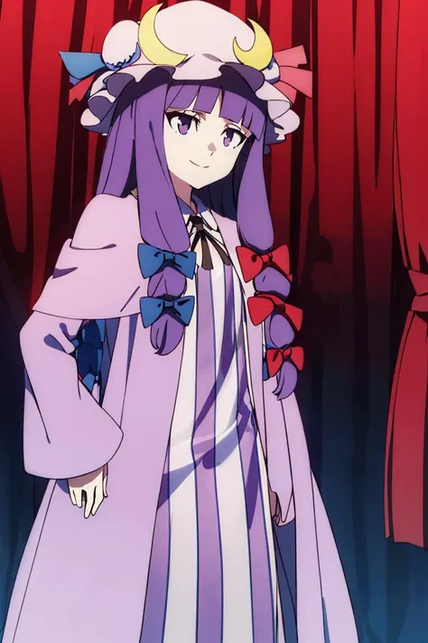 anime girl in a purple dress and hat standing in front of a curtain