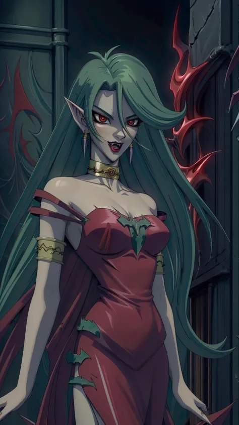 a woman in a red dress with green hair and a demon face