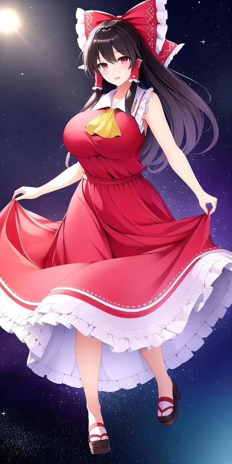 a woman in a red dress is dancing in the air