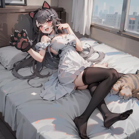 (masterpiece, best quality),1girl, solo,large breasts,  white dress, merkuriacat, animal hands, cat paws,black legwear, no shoes, :d,on_back, bedroom, indoors,