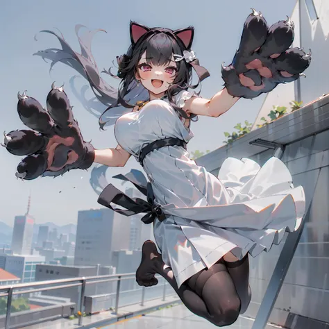 (masterpiece, best quality),1girl, solo,large breasts,  white dress, merkuriacat, animal hands, cat paws,black legwear, no shoes, :d, jump dynamic pose, outdoors, hotel rooftop, nature