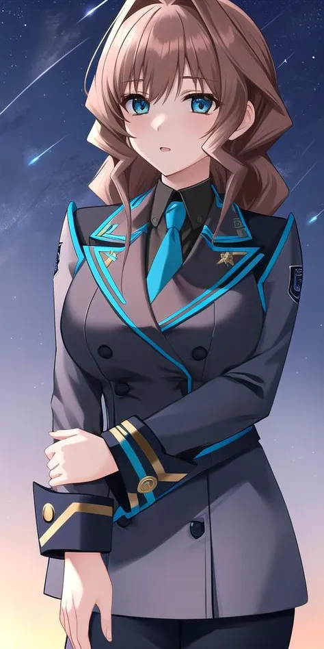 a woman in uniform standing in front of a night sky