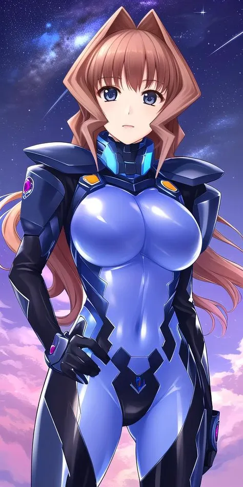 a woman in a blue and black suit standing in front of a sky