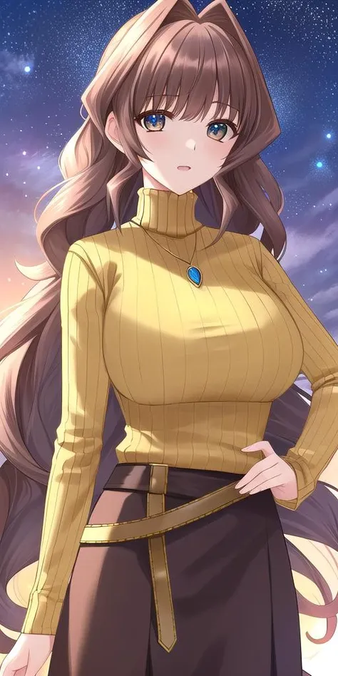 a woman in a yellow sweater and black skirt standing in front of a starr sky