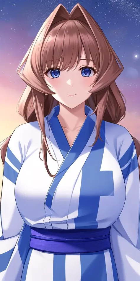 a woman in a blue and white outfit standing in front of a sky