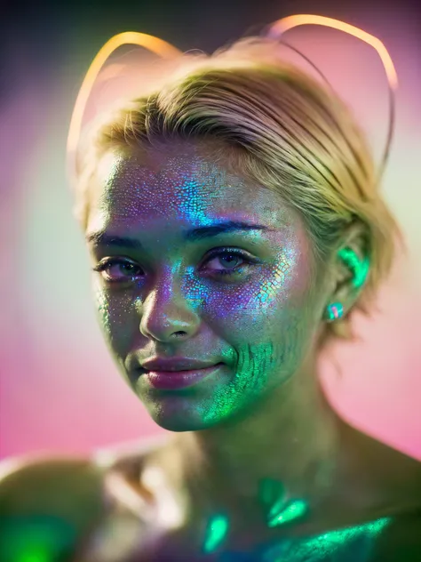 analog photo, a cute alien girl, 20 years old, nepalese, (holographic, prismatic:1.1), (fish scales, Bright Green skin:1.19), (smirking face:1.2), (medium blonde hair:1.15), ((antennae)), buff, bubbles, solo, high detailed texture, 8k uhd, digital camera, ...