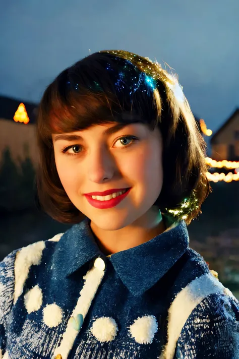 kimbra face closeup, 2000s,  cute,  closeup, upper body, 
,,
unusual,
Indigo shirt, 
 highres, detailed, well dressed, realistic, 
Snow-covered village and holiday lights at the background, best quality, masterpiece,   <lora:kimbra:0.75>