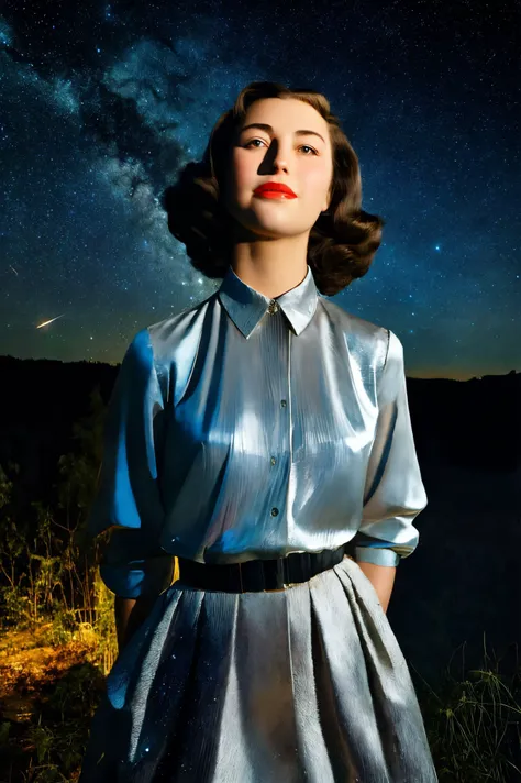 kimbra face closeup, 1940s,  gorgeous,  closeup, upper body, 
andrew vasiliev style,wild nature,
masterpiece,
Silver shirt, 
 highres, detailed, well dressed, realistic, 
Ancient ruins under starry sky at the background, best quality, masterpiece,   <lora:...