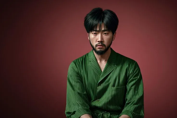 HDR photo of a korean man with a beard in a green cloth stripe jumpsuit who is upset in a deadly game, black hair, pink wall. High dynamic range, vivid, rich details, clear shadows and highlights, realistic, intense, enhanced contrast, highly detailed, det...