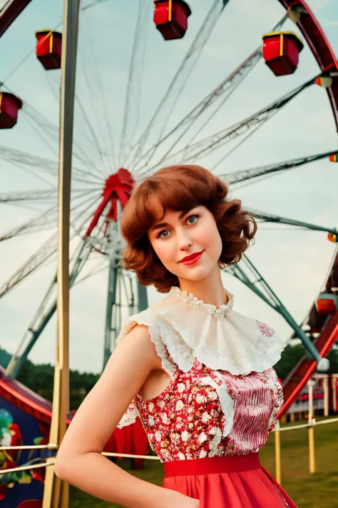 kimbra face closeup, ,  cute,  closeup, upper body, 
olga boyko style,macro photography,
lyrical,
Red modest dress, 
 highres, detailed, well dressed, realistic, 
Traditional country fair and Ferris wheel at the background, best quality, masterpiece,   <lo...