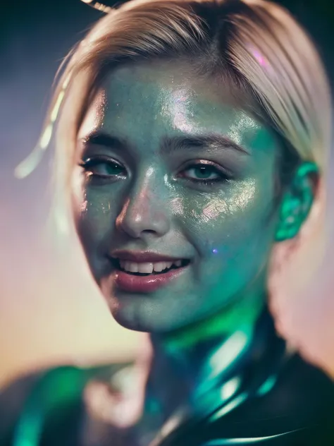 analog photo, a cute alien girl, 20 years old, ((asian)), (holographic, prismatic:1.1), (fish scales, Bright Green skin:1.2), (smirking face:1.2), (medium blonde hair:1.15), ((antennae)), buff, bubbles, solo, high detailed texture, 8k uhd, digital camera, ...