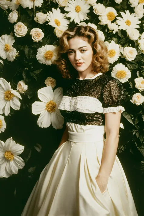 20 years young woman, Madonna,
wearing a peignoir top embroiled with flowers,