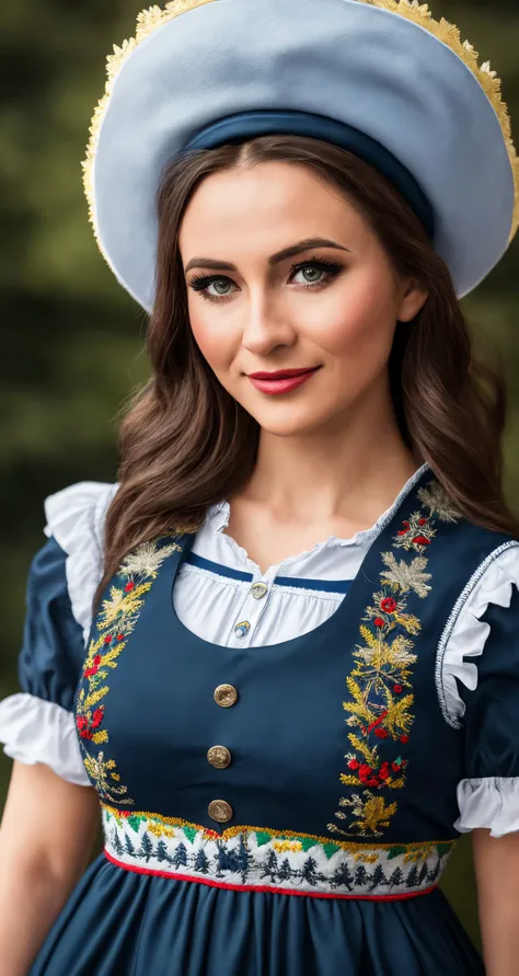 instagram photo of 31 years old woman, middle shot, closeup, RAW, masterpiece, realistic, 
hyper realistic, muted color, film grain, 
looking at viewer, alpine princess dirndl looking bavarian embroidered festive, functional, ([Bridget Moynahan|Nina Dobrev...