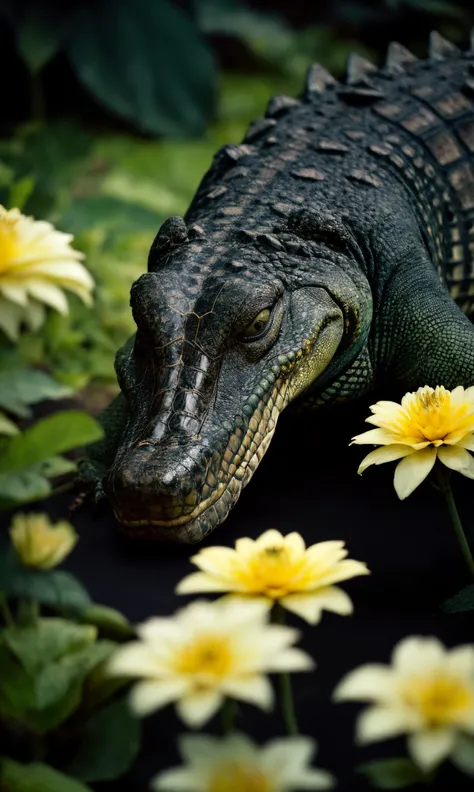 photo of alligator closeup, centered, RAW, masterpiece, realistic, hyper realistic,
muted color, film grain, looking at viewer, soft colors, fascinating, blurry background, garden, high contrast, dark background, flowers, closeup,