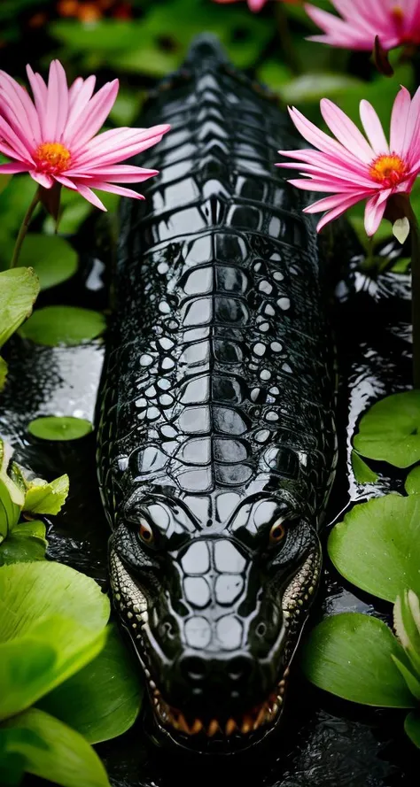 photo of cute alligator closeup, centered, RAW, masterpiece, realistic, hyper realistic,
muted color, film grain, looking at viewer, soft colors, fascinating, blurry background, garden, high contrast, dark background, flowers, closeup,