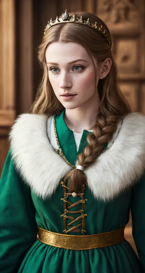 facebook photo of 25 years old , closeup, RAW, masterpiece, realistic, hyper realistic, muted color, film grain, 
looking at viewer, viking queen dress looking fur-trimmed regal nordic, giant, 
wearing Green Pinafore,