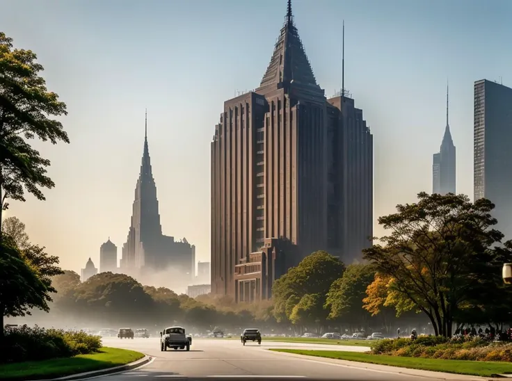 cars driving down a road in front of a city skyline