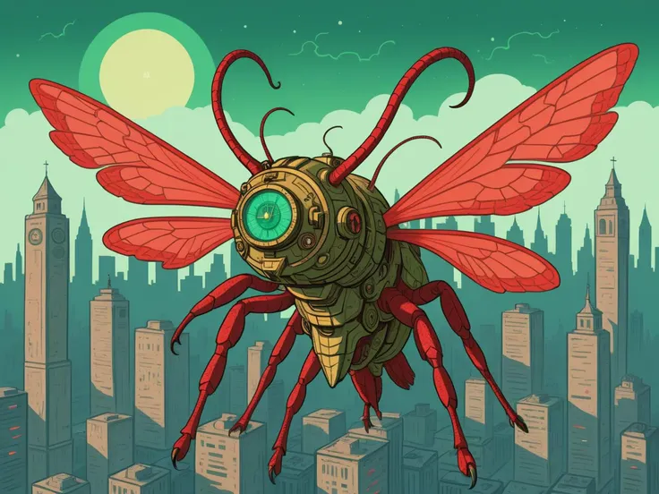 a cartoon insect with a large body and large wings flying over a city