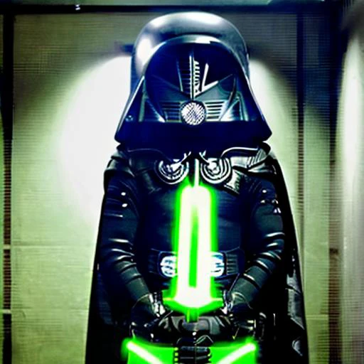 <lora:DarkHelmetV2Lora:0.9> man, dark, helmet, mask, hood , full body, holding a green light saber