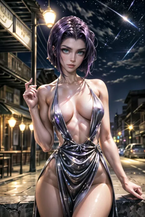 cowboy shot, close to viewer, <lora:revealing_dress_v0.1:1>, (revealing dress, black dress, shiny clothes, taut dress, skin indentation), (faye valentine), <lora:FayeValentineV3:0.7> , (purple hair), (masterpiece, best quality, CG, wallpaper, HDR, high qua...