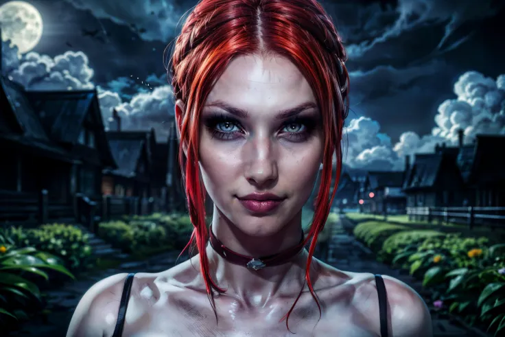 a close up of a woman with red hair and a creepy look