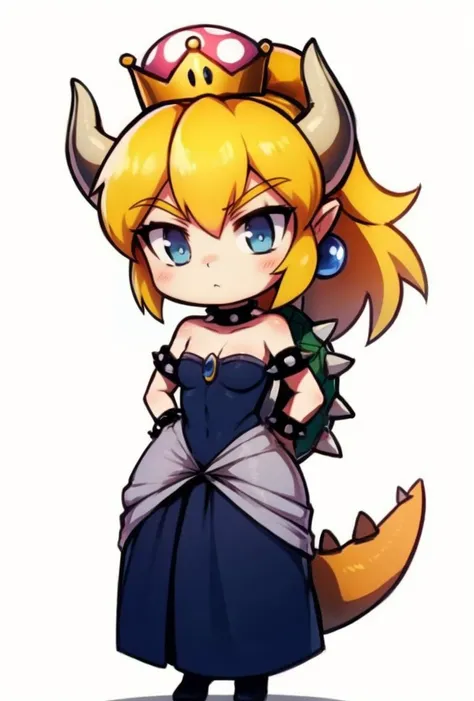 <lora:Mario_Bowsette-DEF:0.8> bowsette, jewelry, dress, turtle shell, tail, full body, white background, chibi style