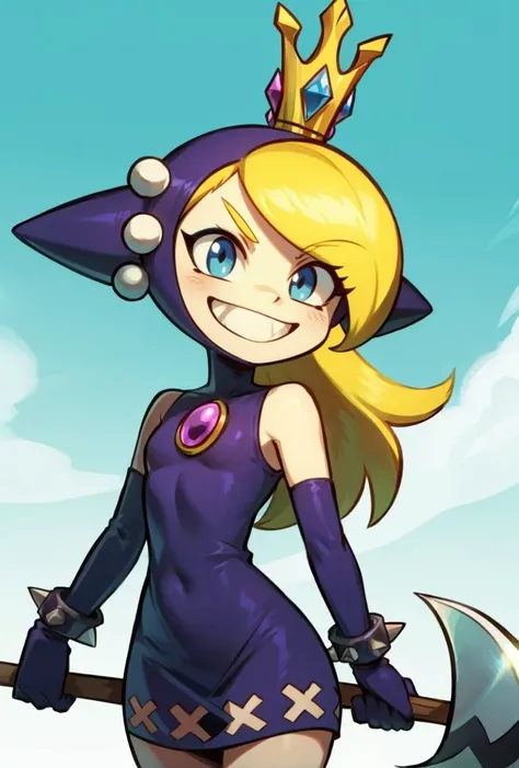 a cartoon image of a woman in a purple outfit holding a sword