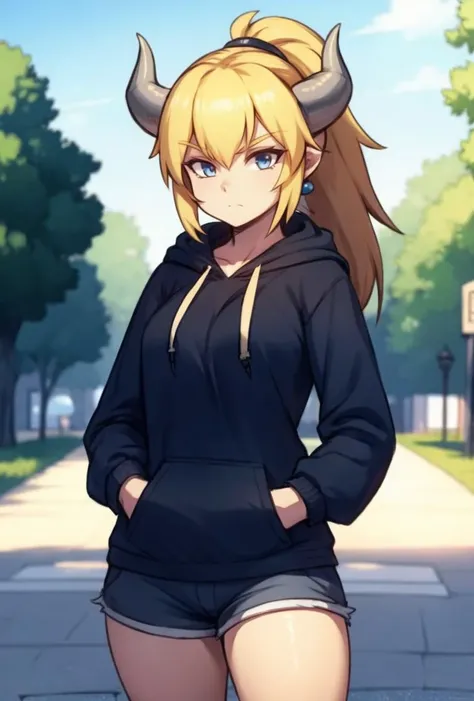 <lora:Mario_Bowsette-DEF:0.8> 1girl, outdoors, horns, ponytail, shorts, hoodie, hands in pocket