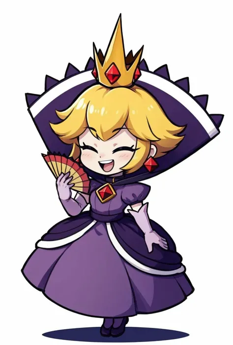 <lora:Mario_ShadowPeach-DEF:0.8> shadow queen, crown, blonde, short hair, jewelry, high collar, dress, elbow gloves, full body, chibi style, laugh, hand fan, white background