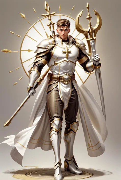 masculine, muscular, short hair, handsome, <lora:Clothing - Battle Priest_v2:0.7> battlepriest, white and gold color theme, holding halberd, stained glass background