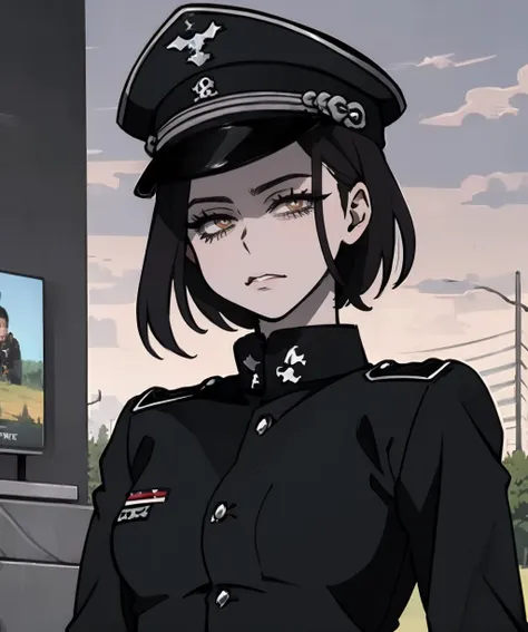 anime girl in uniform standing in front of a tv