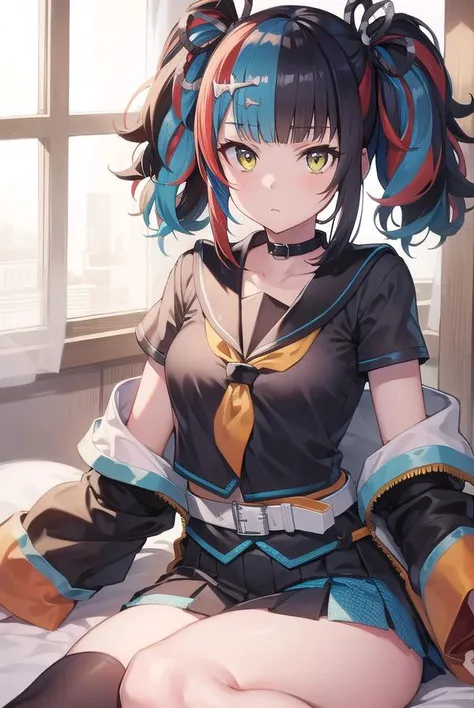 seishounagon, <lyco:seishounagon-lyco-nochekaiser:1>,
sei shounagon, aqua hair, black hair, blunt bangs, multicolored hair, red hair, twintails, (yellow eyes:1.5),
BREAK black sailor collar, black shirt, black skirt, choker, pleated skirt, puffy sleeves, s...