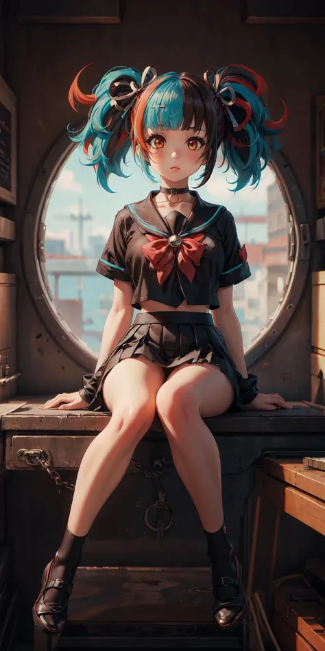 <lora:seishounagon-lyco-nochekaiser:0.9>, sei shounagon, aqua hair, black hair, blunt bangs, multicolored hair, red hair, twintails, (brown eyes:1.5), black sailor collar, black shirt, black skirt, choker, pleated skirt, sailor collar, skirt, bow, red bow,