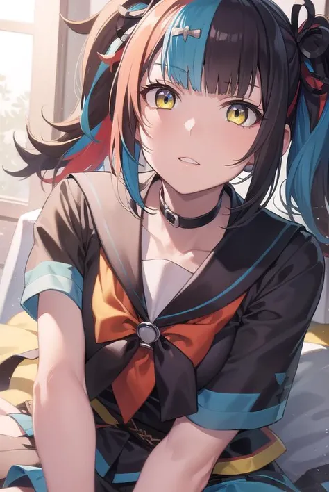 seishounagon, <lyco:seishounagon-lyco-nochekaiser:1>,
sei shounagon, aqua hair, black hair, blunt bangs, multicolored hair, red hair, twintails, (yellow eyes:1.5),
BREAK black sailor collar, black shirt, black skirt, choker, pleated skirt, puffy sleeves, s...