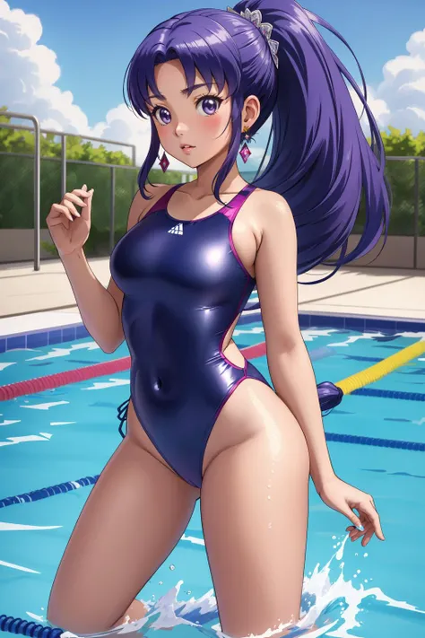 ultra detailed, sharp focus, best quality, masterpiece, colorful,  <lora:CureFortune:1> hikawaIona, long hair, wide ponytail, hair ornament, one-piece swimsuit, earrings, parted lips, swimming pool, full body shot best quality, masterpiece, intricate detai...