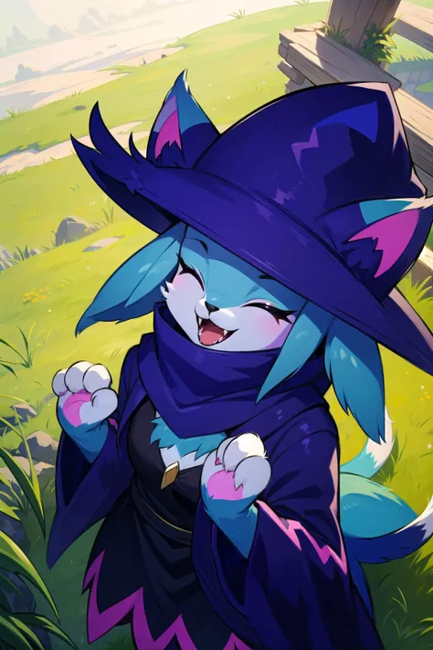 masterpiece, <lora:KatressMeowMeowV1.2-000009:0.8>, katress, cat girl, furry, furry female, blue hair, blue skin, cat ears, animal hands, witch hat, scarf, dress, long sleeves, wide sleeves, looking at viewer, happy, closed eyes, open mouth, fangs, looking...