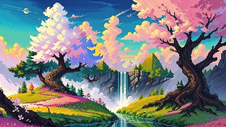 beautiful cherry blossom tree,8k,trending,highly detailed hyper realistic,dreamlikeart tree of live,grass,waterfalls,sky,floating island,fantasy,landscape,full tree,<lora:pixelart:1>,