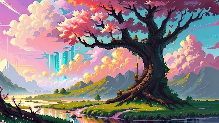 beautiful cherry blossom tree,8k,trending,highly detailed hyper realistic,dreamlikeart tree of live,grass,waterfalls,sky,floating island,fantasy,landscape,full tree,<lora:pixelart:1>,